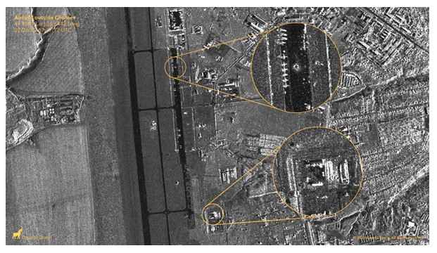 SAR image showing the damage to the airfield outside Chuhuiv, Ukraine